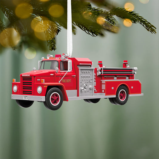 Fire Brigade 1973 Dodge C800 Fire Engine 2026 With Light, 24th in the Series — 2026 Hallmark Keepsake Christmas Ornament, vibrant red, hanging on a tree.
