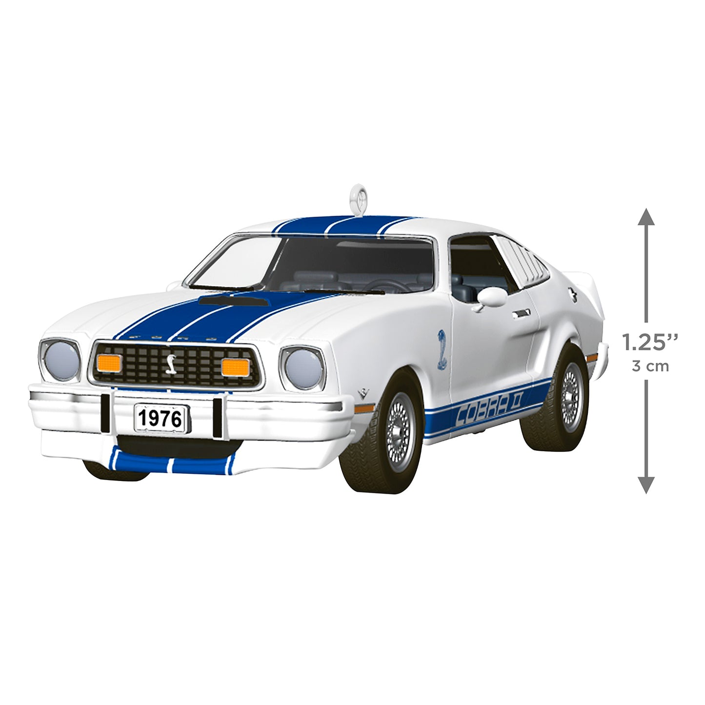 Classic American Cars 1976 Ford Mustang Cobra II 2026, metal, detailed die-cast model with blue-and-white racing stripes, angled view.