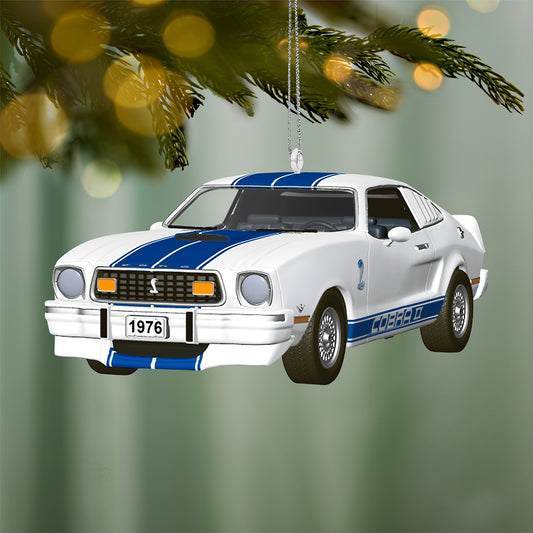 Classic American Cars 1976 Ford Mustang Cobra II 2026, metal, angled view with blue-and-white racing stripes, Hallmark ornament.