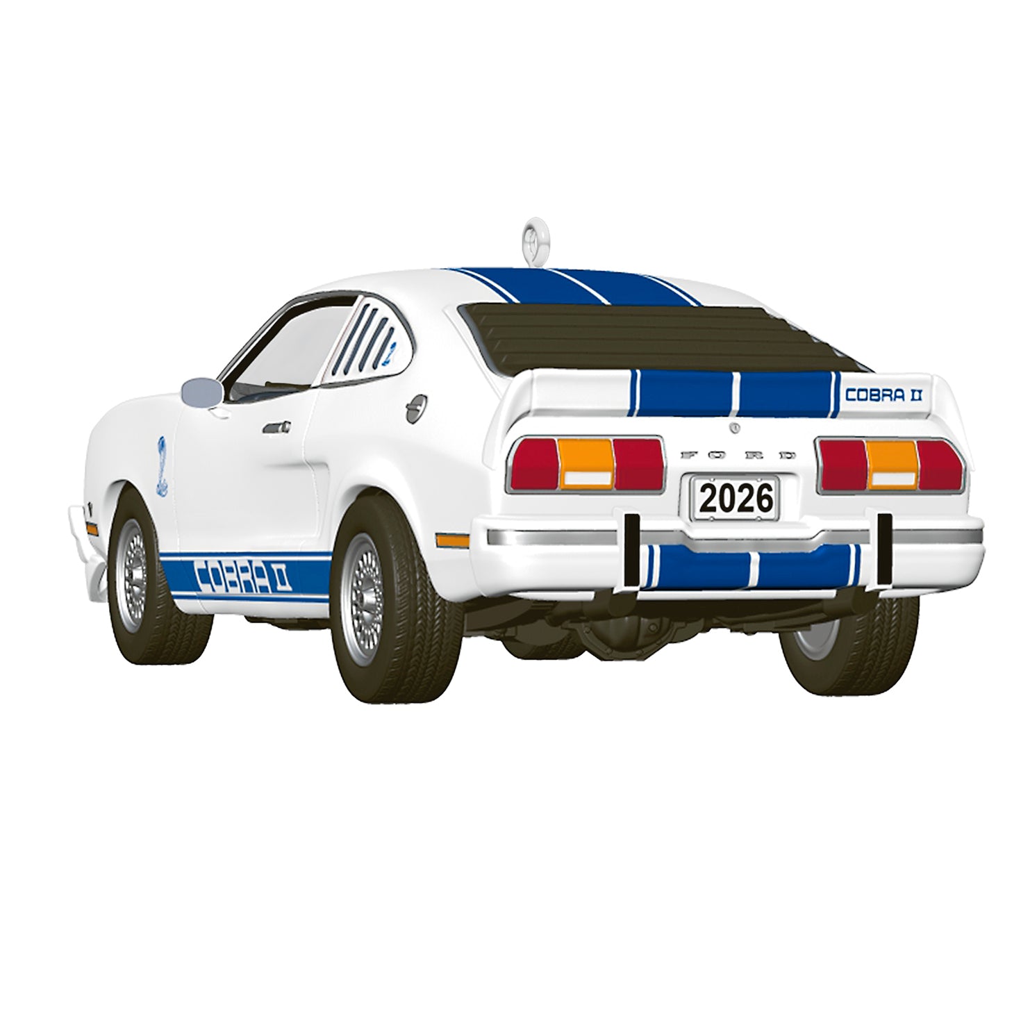 Classic American Cars 1976 Ford Mustang Cobra II 2026, metal model with blue-and-white stripes, rear view, 36th in the series.