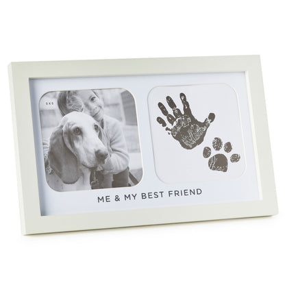 Me & My Best Friend Handprint Picture Frame, white wooden design, featuring a photo opening and handprint on display, 5x5 size.