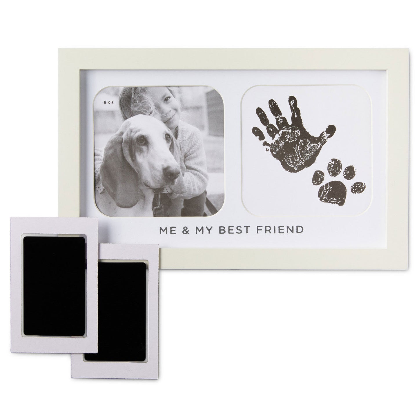 Me & My Best Friend Handprint Picture Frame featuring space for a 5x5 photo, handprint, and paw print, with included ink pads