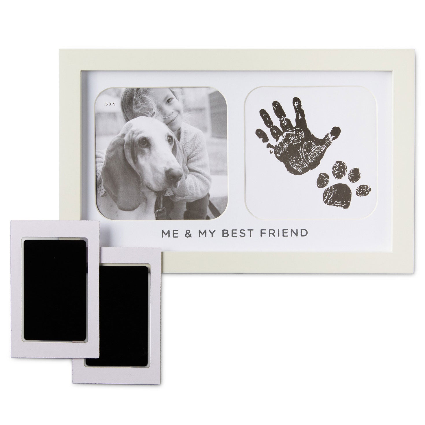 Me & My Best Friend Handprint Picture Frame featuring space for a 5x5 photo, handprint, and paw print, with included ink pads