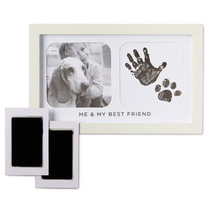 Me & My Best Friend Handprint Picture Frame featuring space for a 5x5 photo, handprint, and paw print, with included ink pads