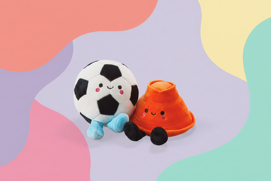Better Together Soccer Ball and Orange Cone Magnetic Plush Pair, 5" H, cute plush toys with smiling faces against a colourful background.
