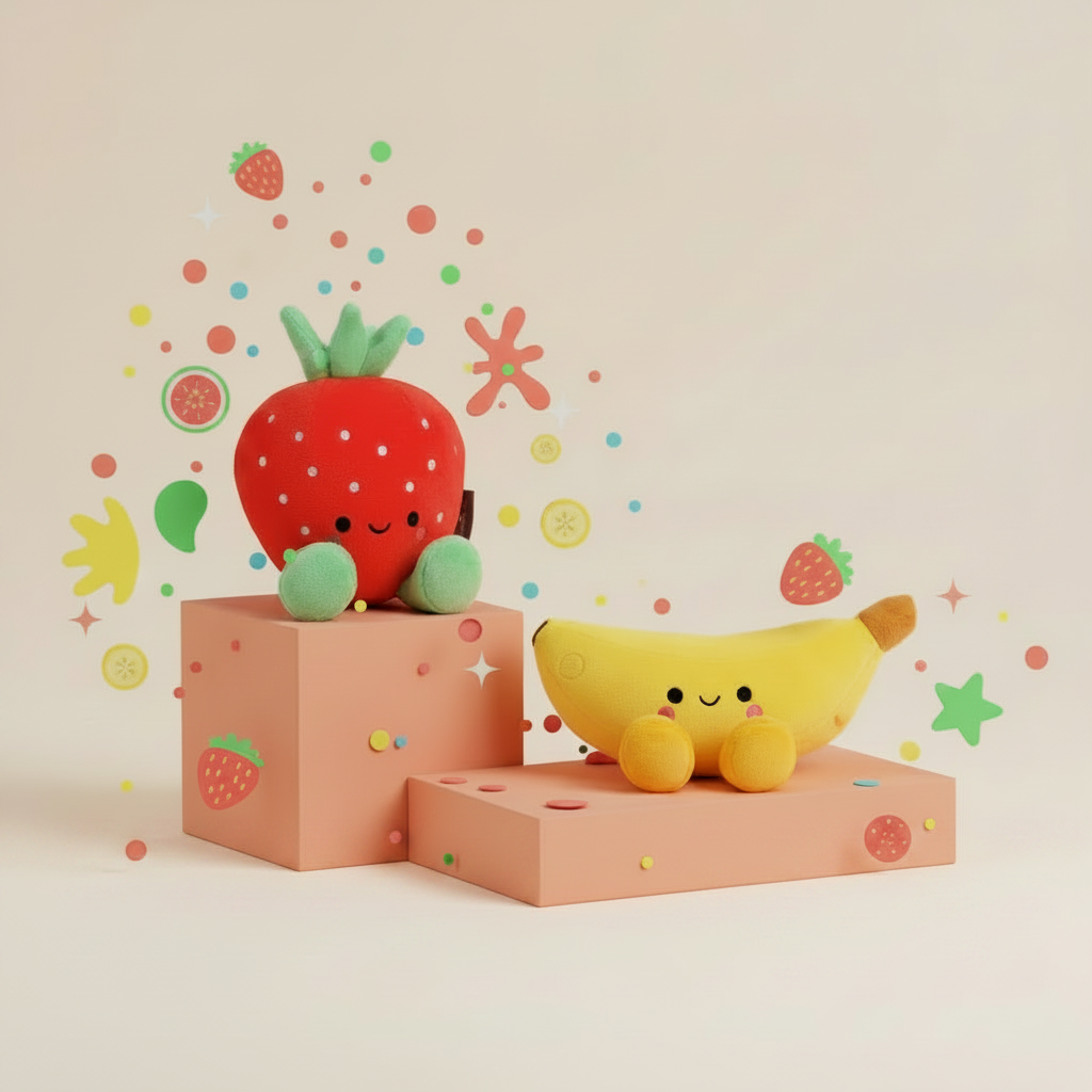 Better Together Strawberry and Banana Magnetic Plush Pair, 5.5" in a cute display on pastel blocks with playful background elements.