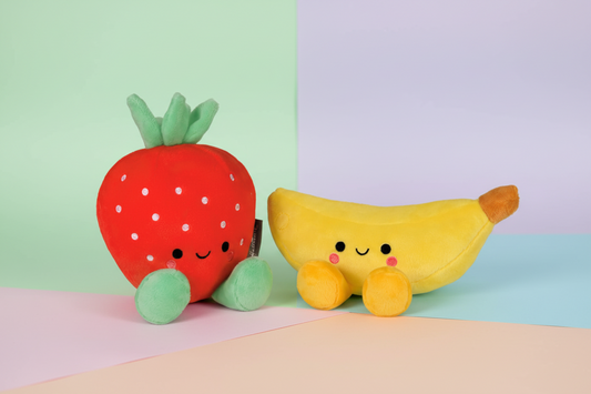 Better Together Strawberry and Banana Magnetic Plush Pair, 5.5", featuring soft, cute designs on a textured background.