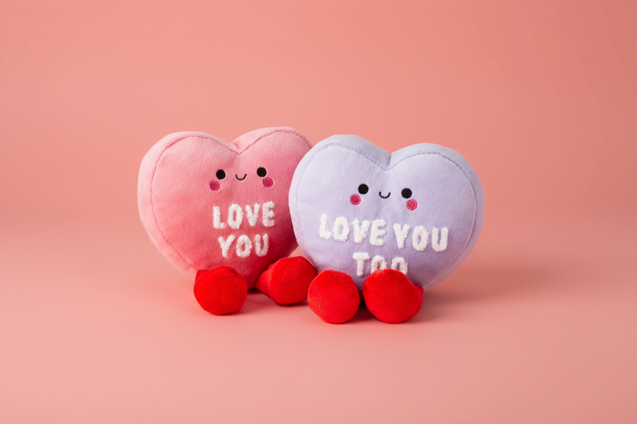 Better Together Conversation Hearts Magnetic Plush, 4.75" in pink and purple with bold embroidered messages on a pastel background.