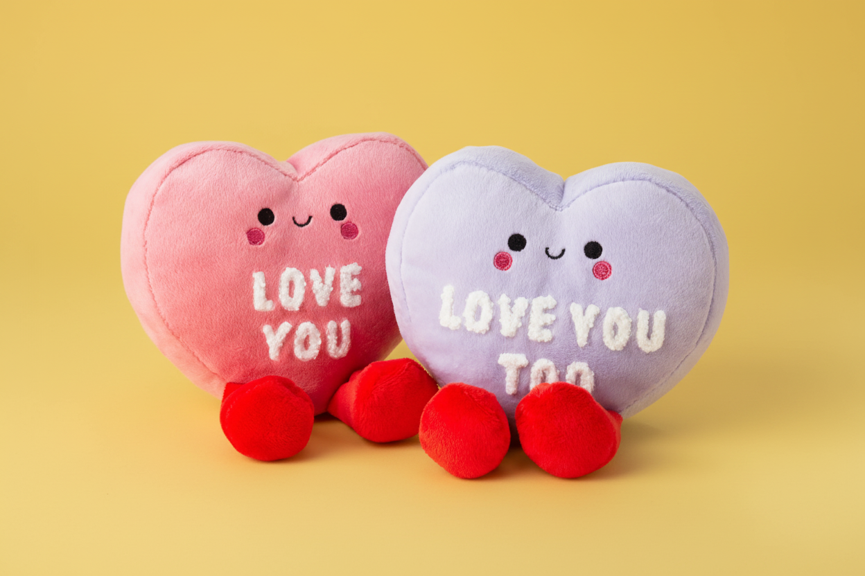 Better Together Conversation Hearts Magnetic Plush, 4.75" in pink and purple, featuring cute embroidered messages and red feet, on a yellow background.