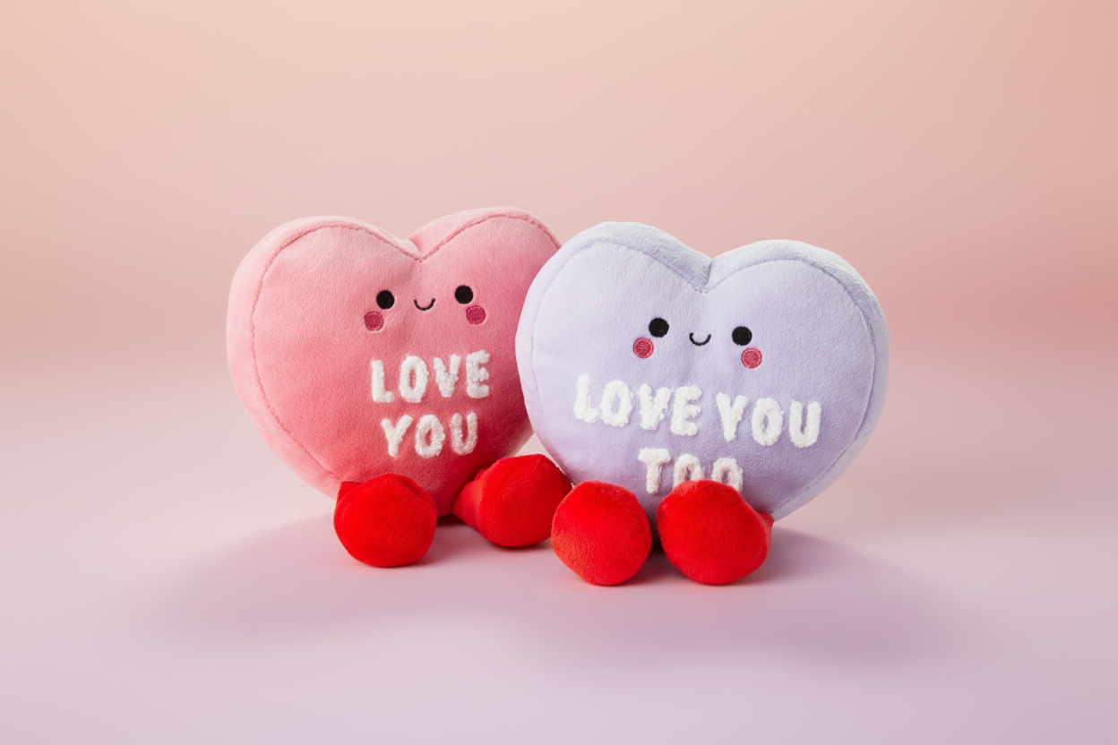 Better Together Conversation Hearts Magnetic Plush, 4.75" pink and purple characters with embroidered messages, close up view.