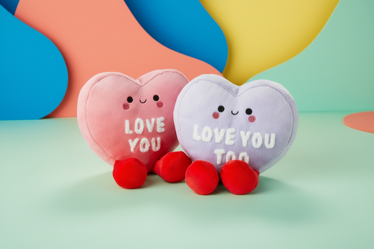 Better Together Conversation Hearts Magnetic Plush, 4.75" pink and purple candy characters with embroidered messages, angled view.