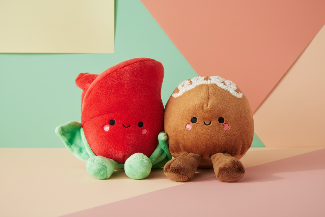 Better Together Rose and Truffle Magnetic Plush Pair, 5.25" in a playful flat lay, featuring a red rose and brown truffle plush characters.