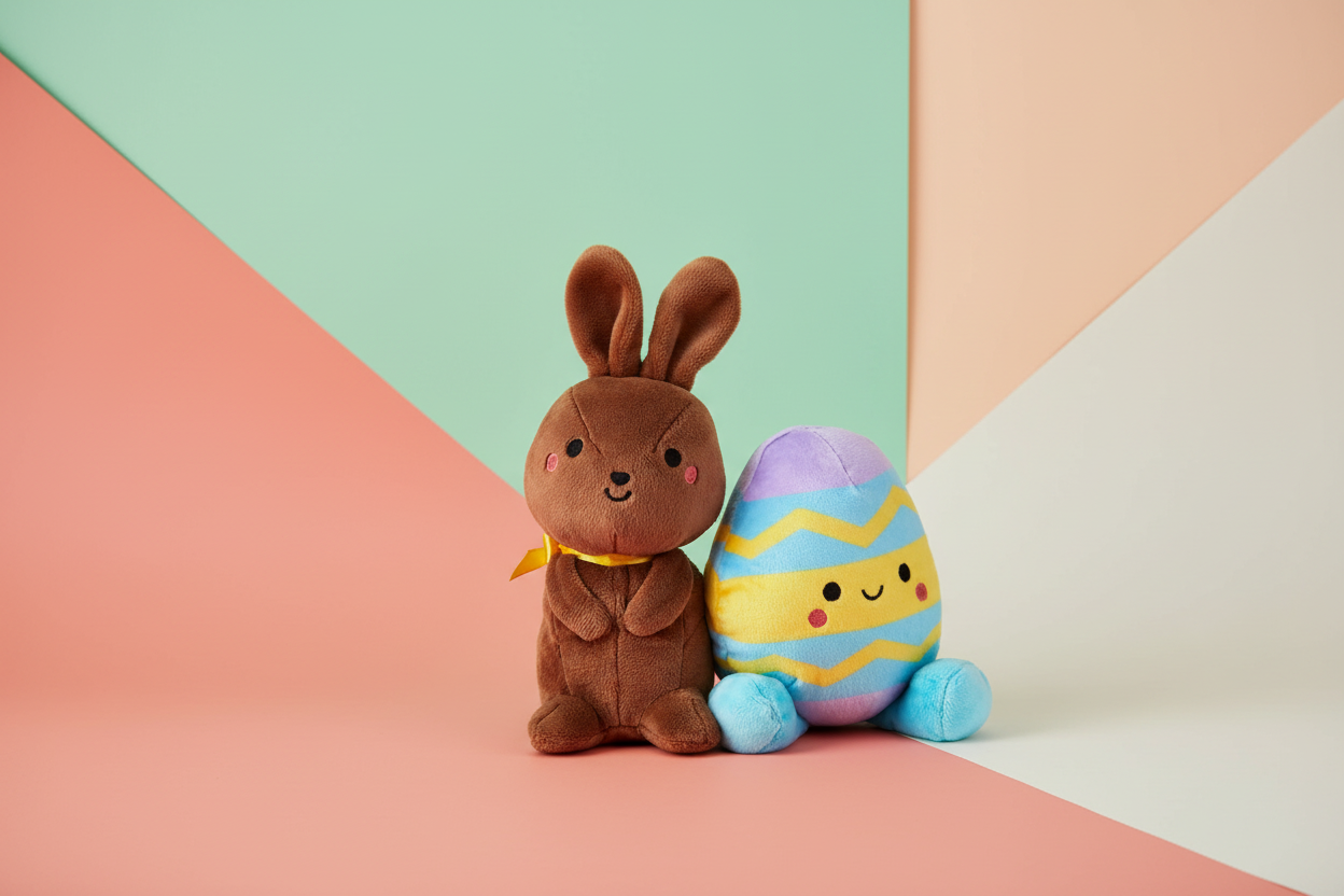 Chocolate Bunny & Easter Egg, Magnetic Plush Pair - Better Together, adorable plush figures in pastel colours on a geometric background.
