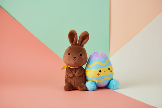 Chocolate Bunny & Easter Egg, Magnetic Plush Pair - Better Together, adorable plush figures in pastel colours on a geometric background.