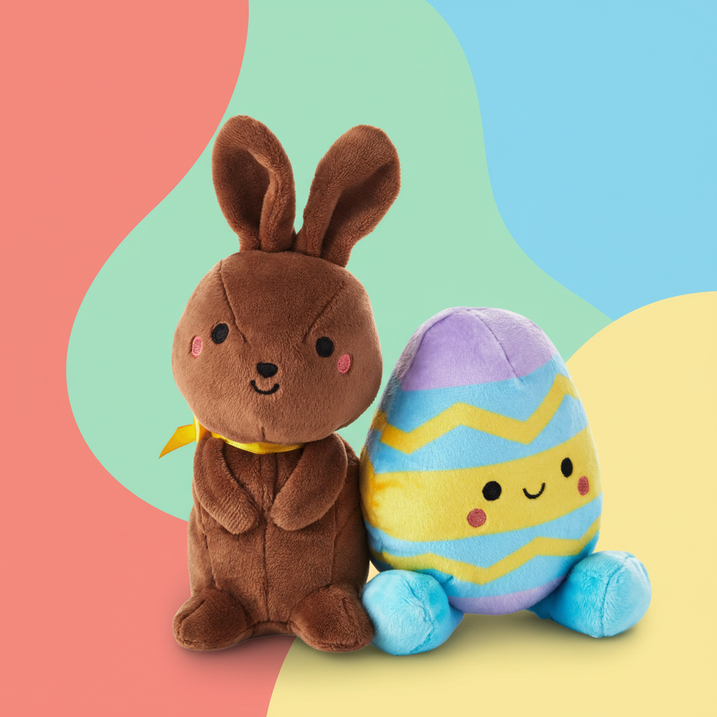Chocolate Bunny & Easter Egg, Magnetic Plush Pair - Better Together in a vibrant, colourful setting, showcasing their cute features.