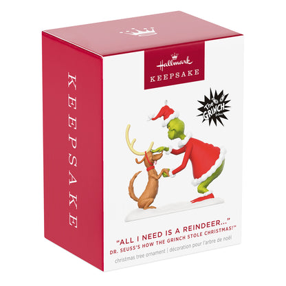 Dr. Seuss's How the Grinch Stole Christmas! "All I Need Is a Reindeer..." — 2026 Hallmark Keepsake Christmas Ornament packaging view.