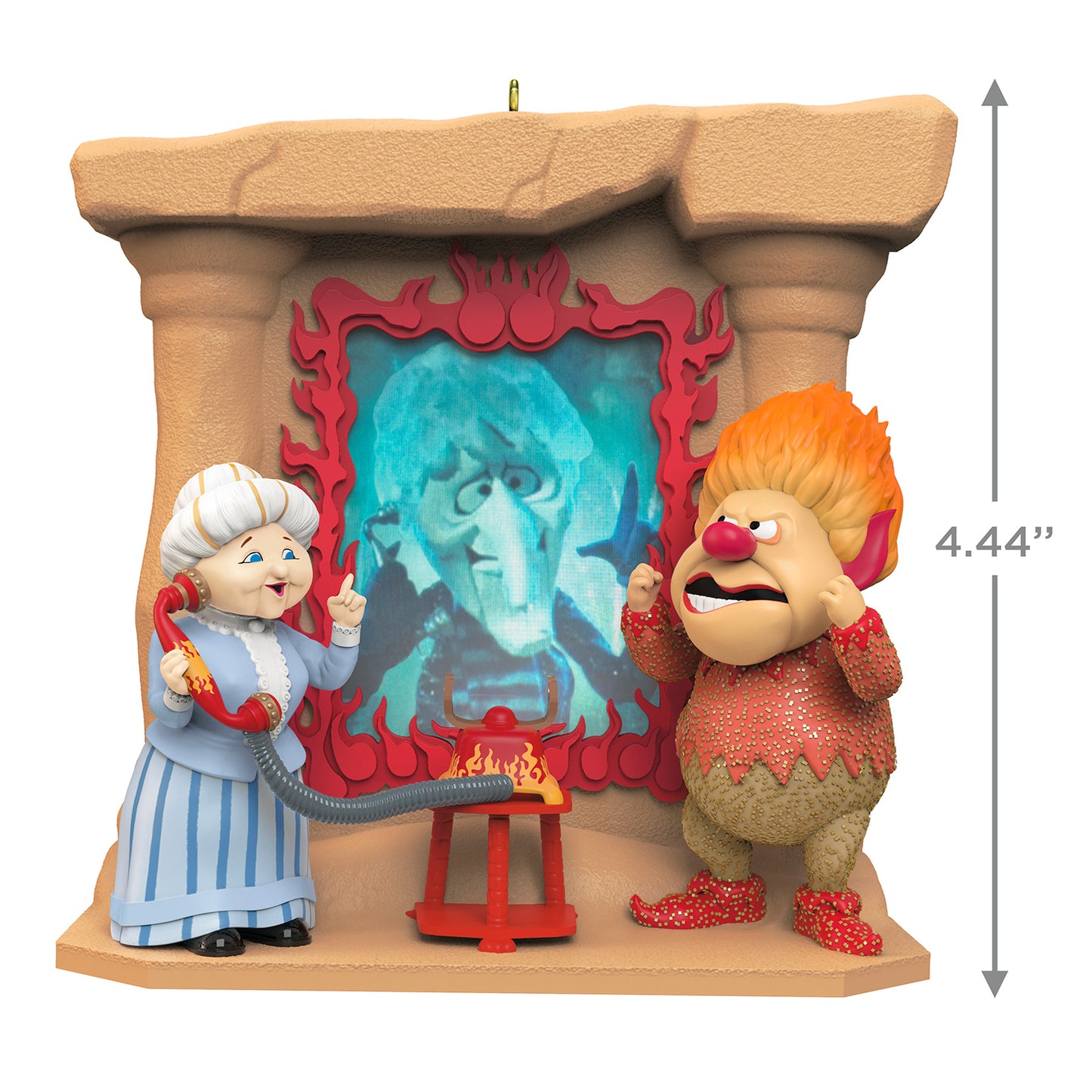 The Year Without a Santa Claus Hello? This is Mrs. Claus — 2026 Hallmark Keepsake Christmas Ornament featuring Mrs. Claus and Heat Miser with phone and fire pit detail.