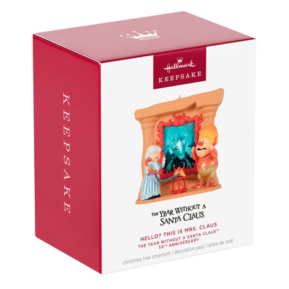 The Year Without a Santa Claus Hello? This is Mrs. Claus — 2026 Hallmark Keepsake Christmas Ornament packaging featuring a decorative box design.