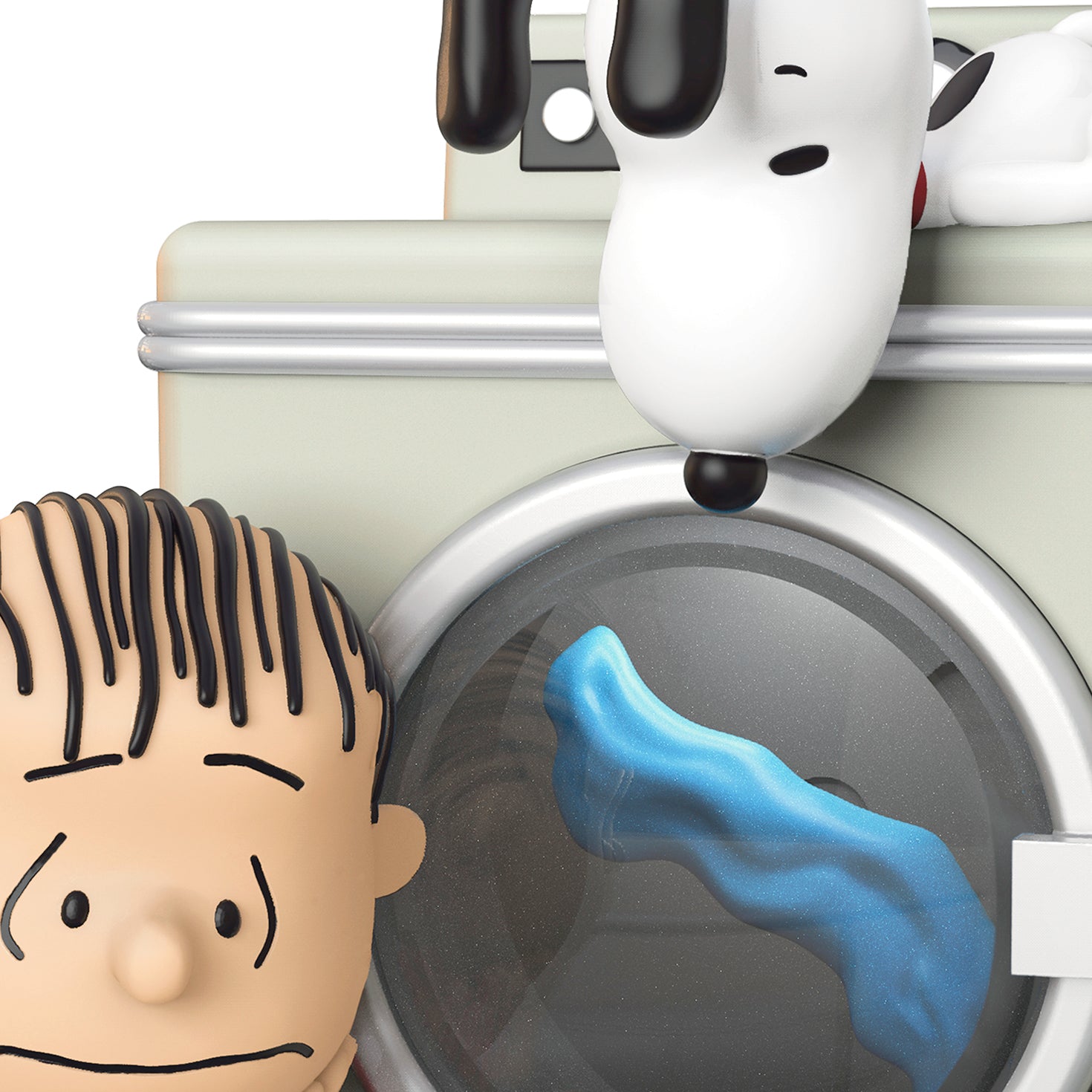 The Peanuts Gang Waiting Game With Light and Motion — 2026 Hallmark Keepsake Christmas Ornament featuring Linus and Snoopy by the washing machine detail.