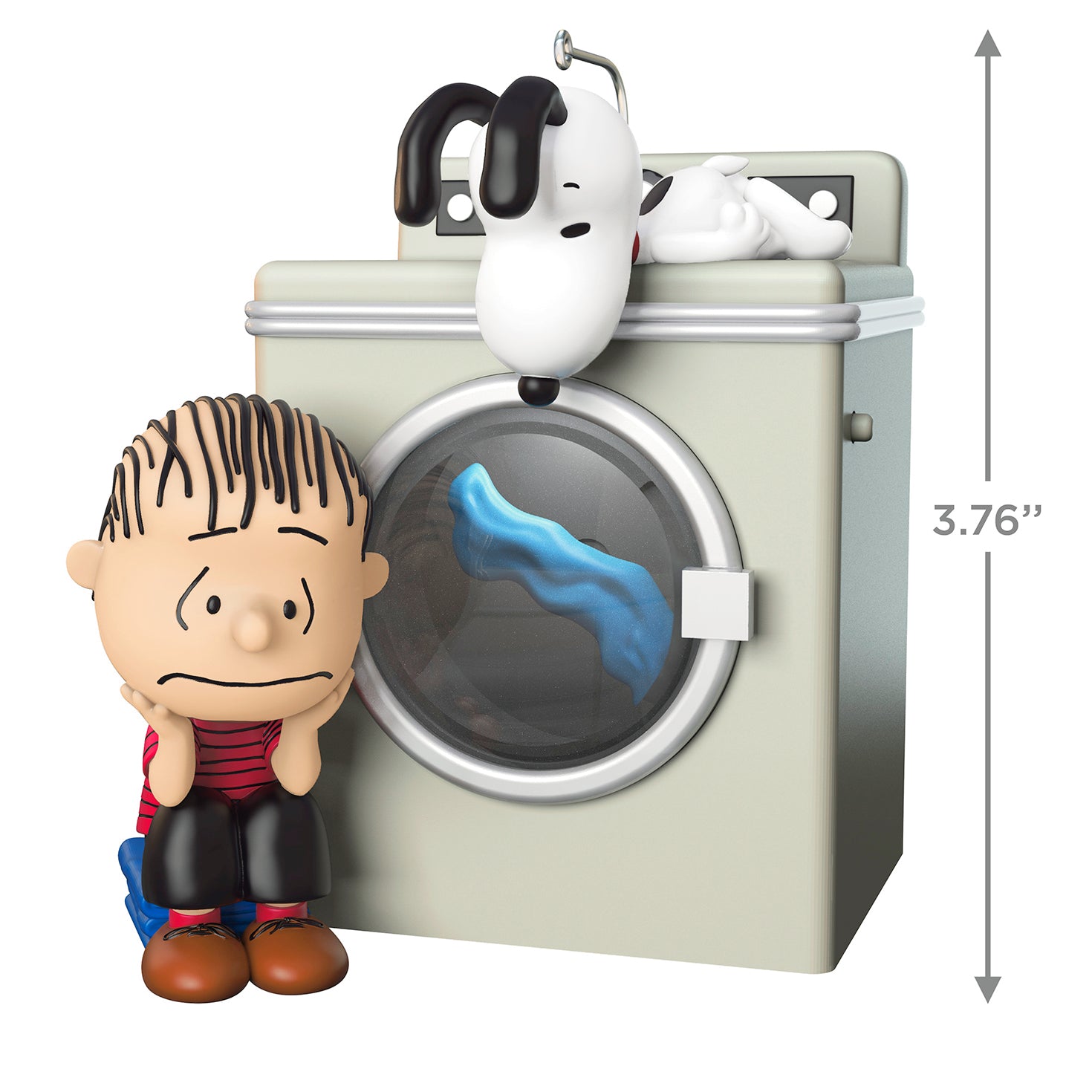 The Peanuts Gang Waiting Game With Light and Motion — 2026 Hallmark Keepsake Christmas Ornament featuring Linus and Snoopy beside a washing machine in a close-up view.