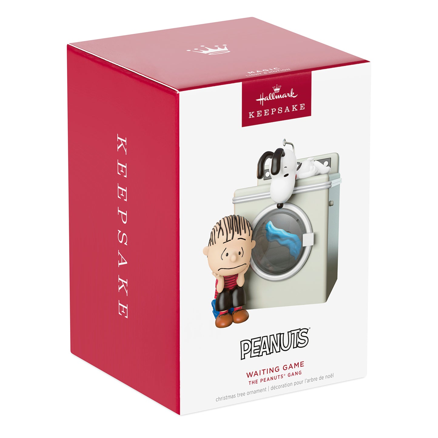 The Peanuts Gang Waiting Game With Light and Motion — 2026 Hallmark Keepsake Christmas Ornament packaging featuring Linus by a washing machine.