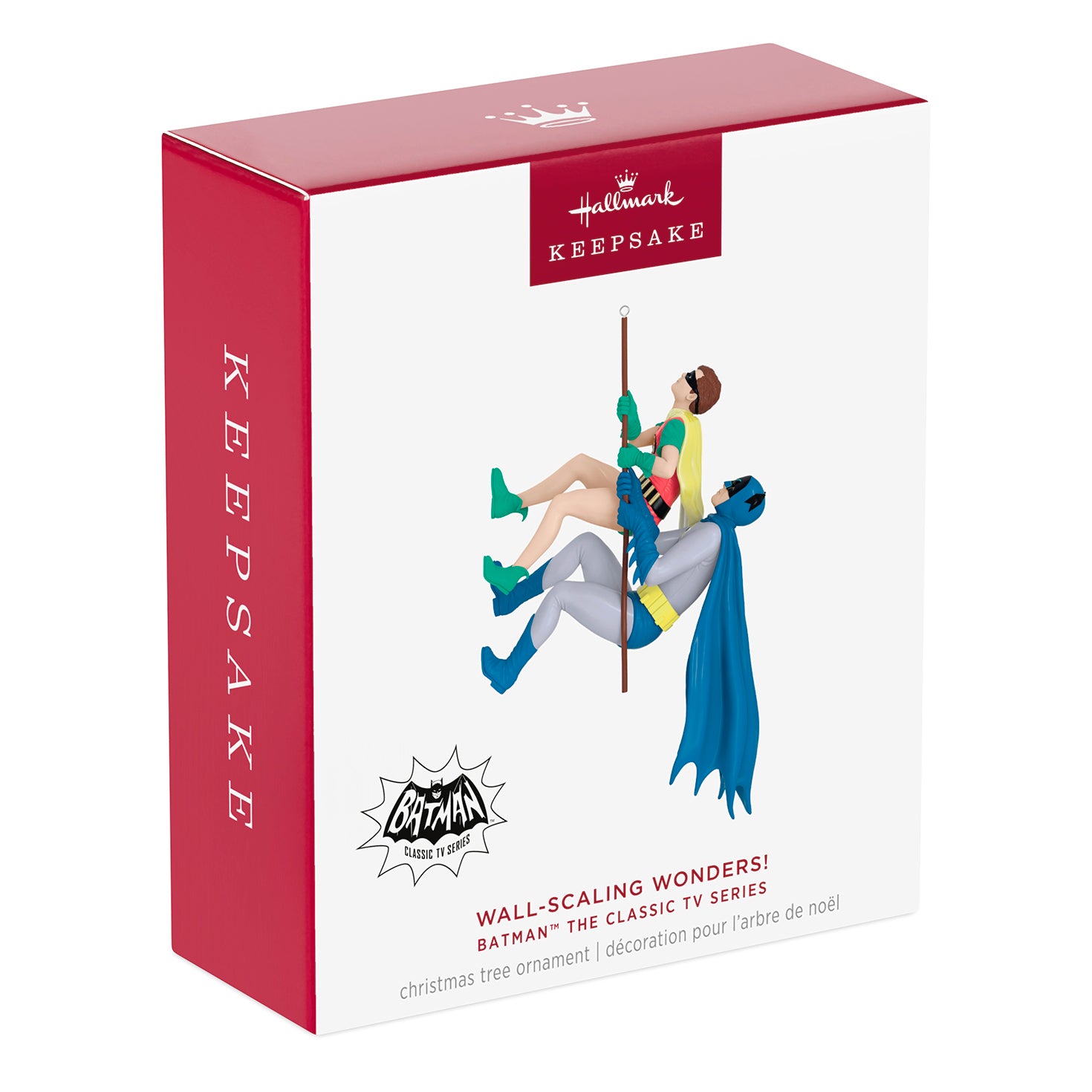 Batman The Classic TV Series Wall-Scaling Wonders! — 2026 Hallmark Keepsake Christmas Ornament packaging in a vibrant red box.