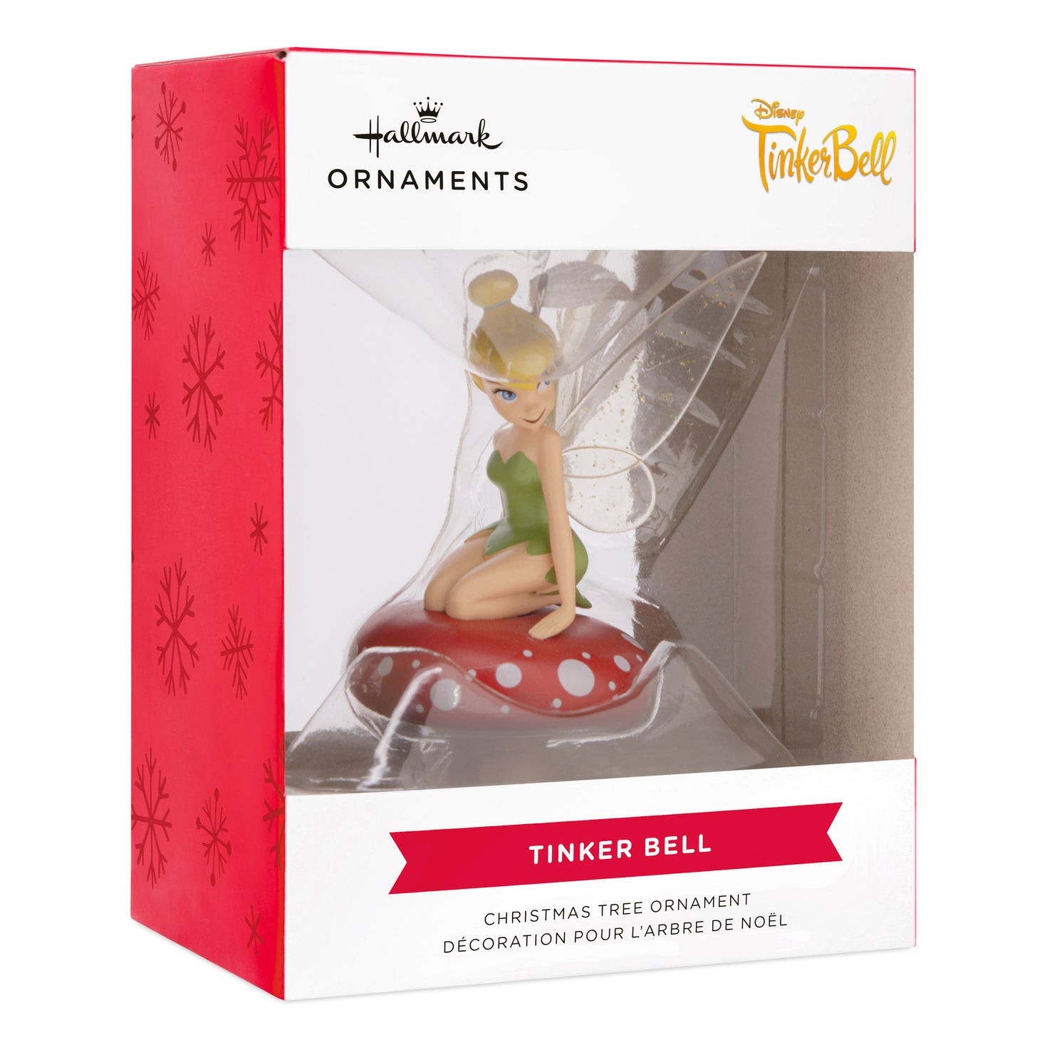 Hallmark Christmas ornament - Disney Tinker Bell on mushroom in festive packaging, perfect for Christmas tree decoration.