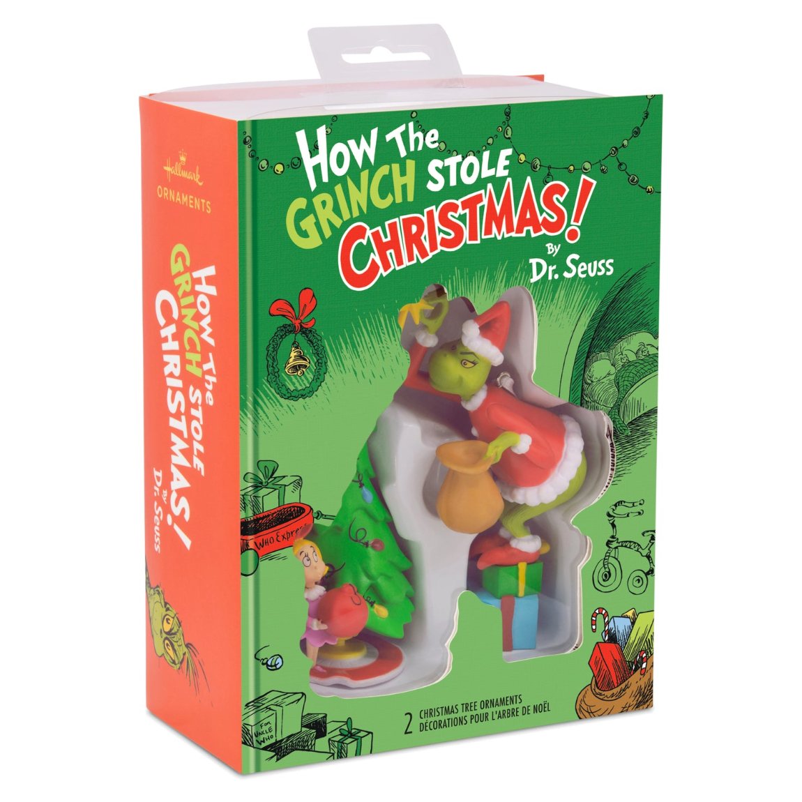 Hallmark Christmas ornaments - Dr. Seuss's How the Grinch Stole Christmas! Grinch and Cindy-Lou Who, set of 2 in themed packaging.