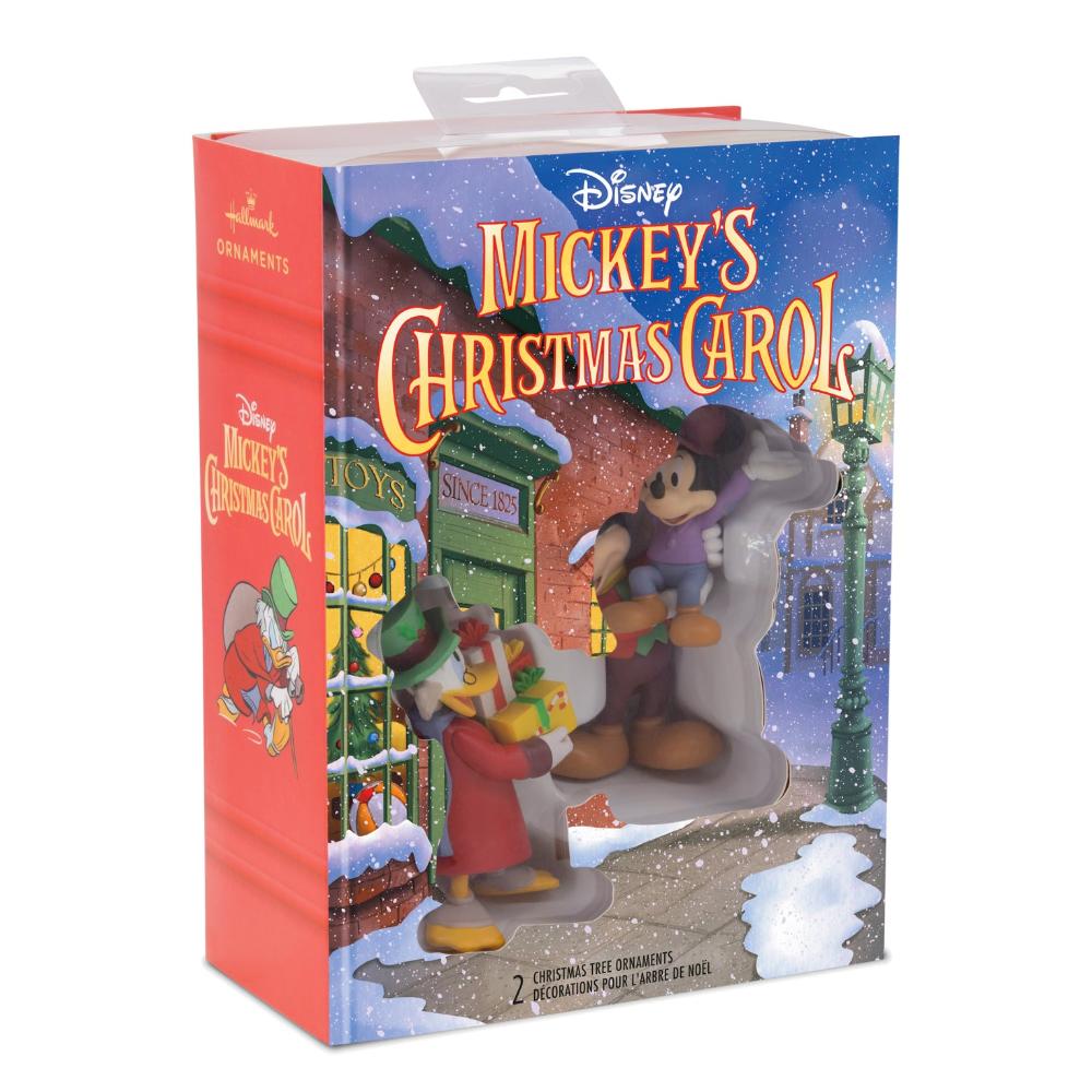 Hallmark Christmas ornaments - Disney Mickey's Christmas Carol, Set of 2 in themed packaging featuring Mickey and Scrooge.