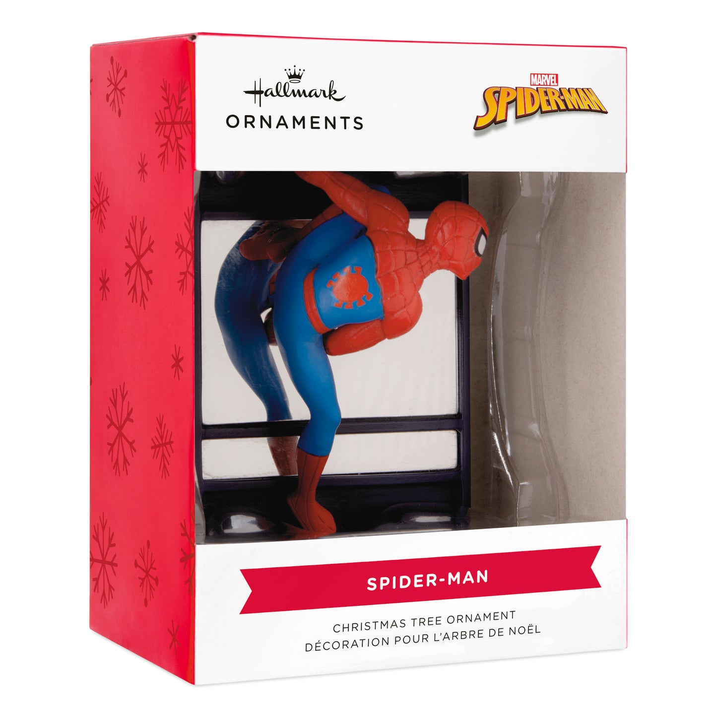 Hallmark Christmas ornament - Marvel Spider-Man on window, festive collectible with vibrant colours in decorative packaging.