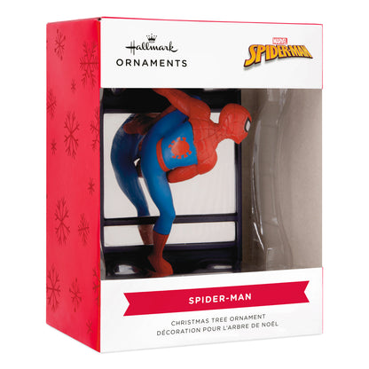 Hallmark Christmas ornament - Marvel Spider-Man on window, festive collectible with vibrant colours in decorative packaging.