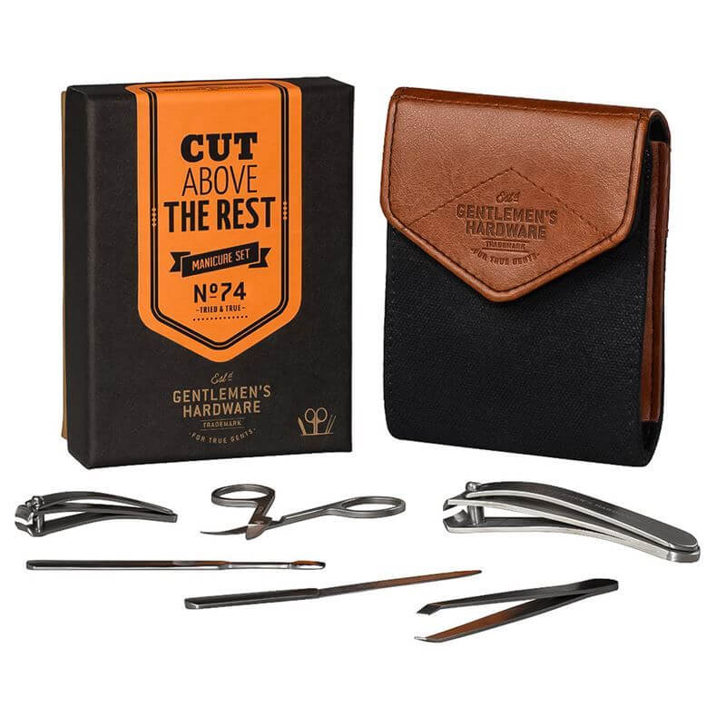 Charcoal Canvas Manicure Set in a black and brown case, featuring stainless steel tools, displayed with packaging.