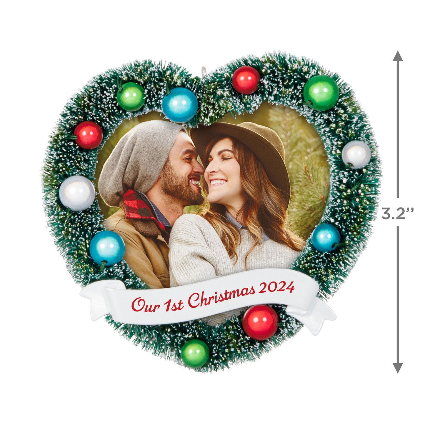Our 1st Christmas Photo Frame — Hallmark Keepsake Christmas Ornament in heart shape with frosted wreath, colourful ornaments and 2024 date.