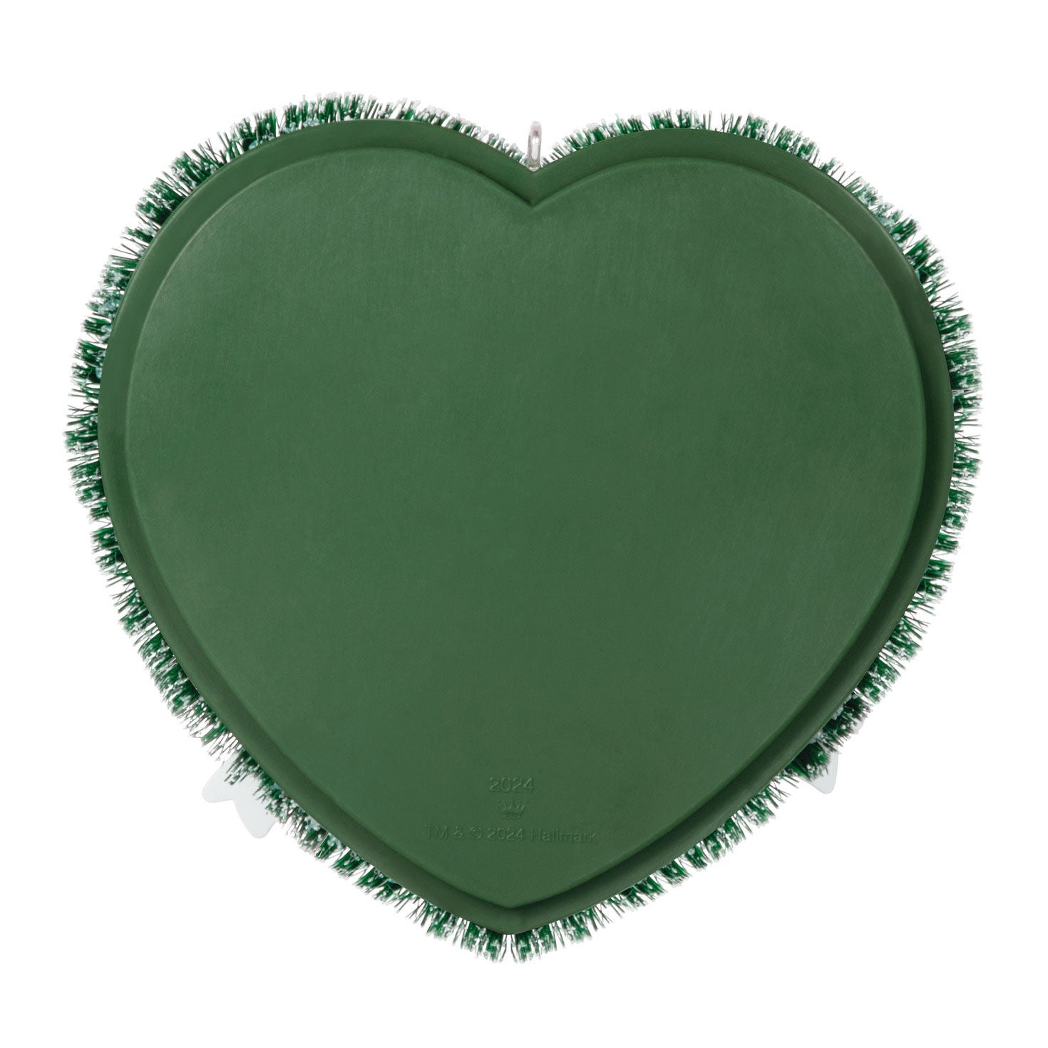 Our 1st Christmas Photo Frame — Hallmark Keepsake Christmas Ornament in heart shape with green tinsel edging, year-dated 2024.