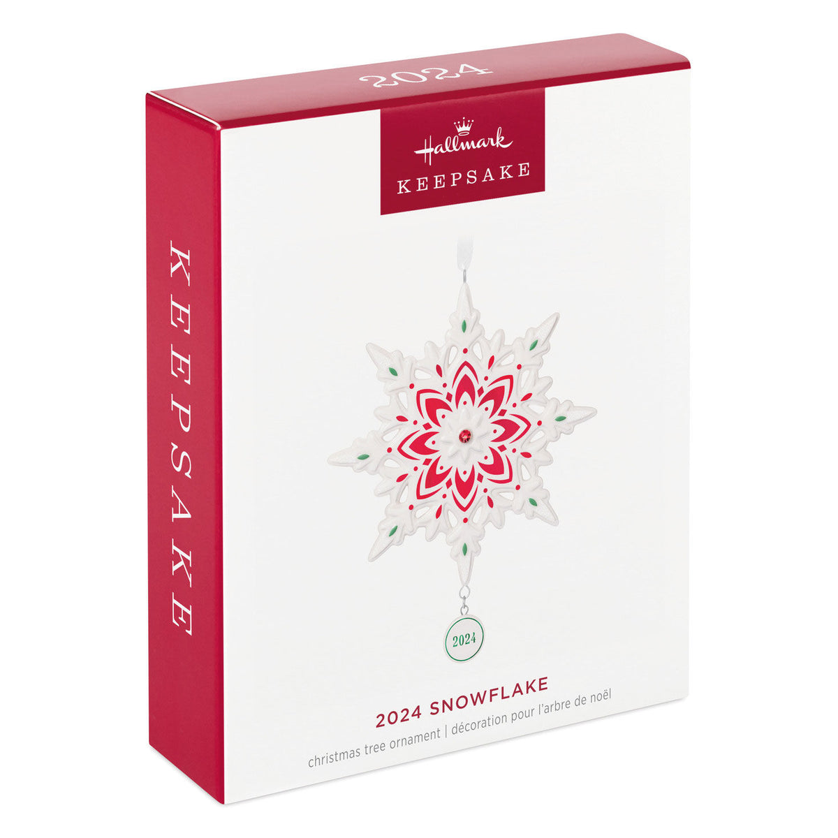 2024 Snowflake (Porcelain) — Hallmark Keepsake Christmas Ornament in gift packaging, featuring red and green accents and a dated charm.