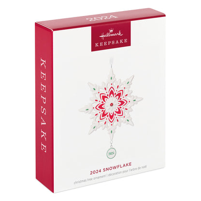 2024 Snowflake (Porcelain) — Hallmark Keepsake Christmas Ornament in gift packaging, featuring red and green accents and a dated charm.