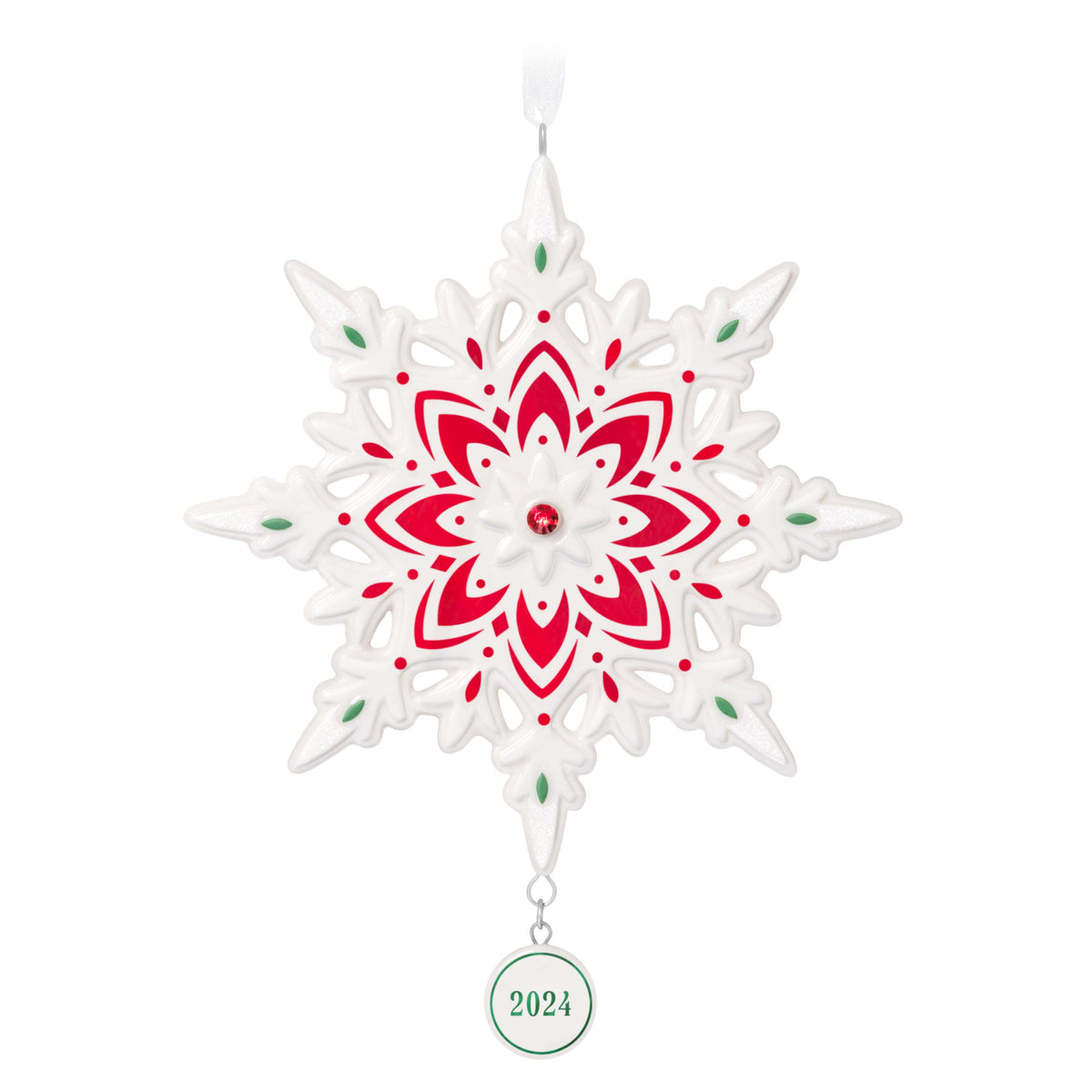 2024 Snowflake (Porcelain) — Hallmark Keepsake Christmas Ornament featuring red and green accents, shimmery gemstone, and year-dated charm.