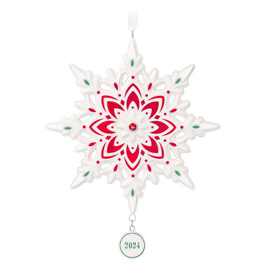2024 Snowflake (Porcelain) — Hallmark Keepsake Christmas Ornament featuring red and green accents, shimmery gemstone, and year-dated charm.