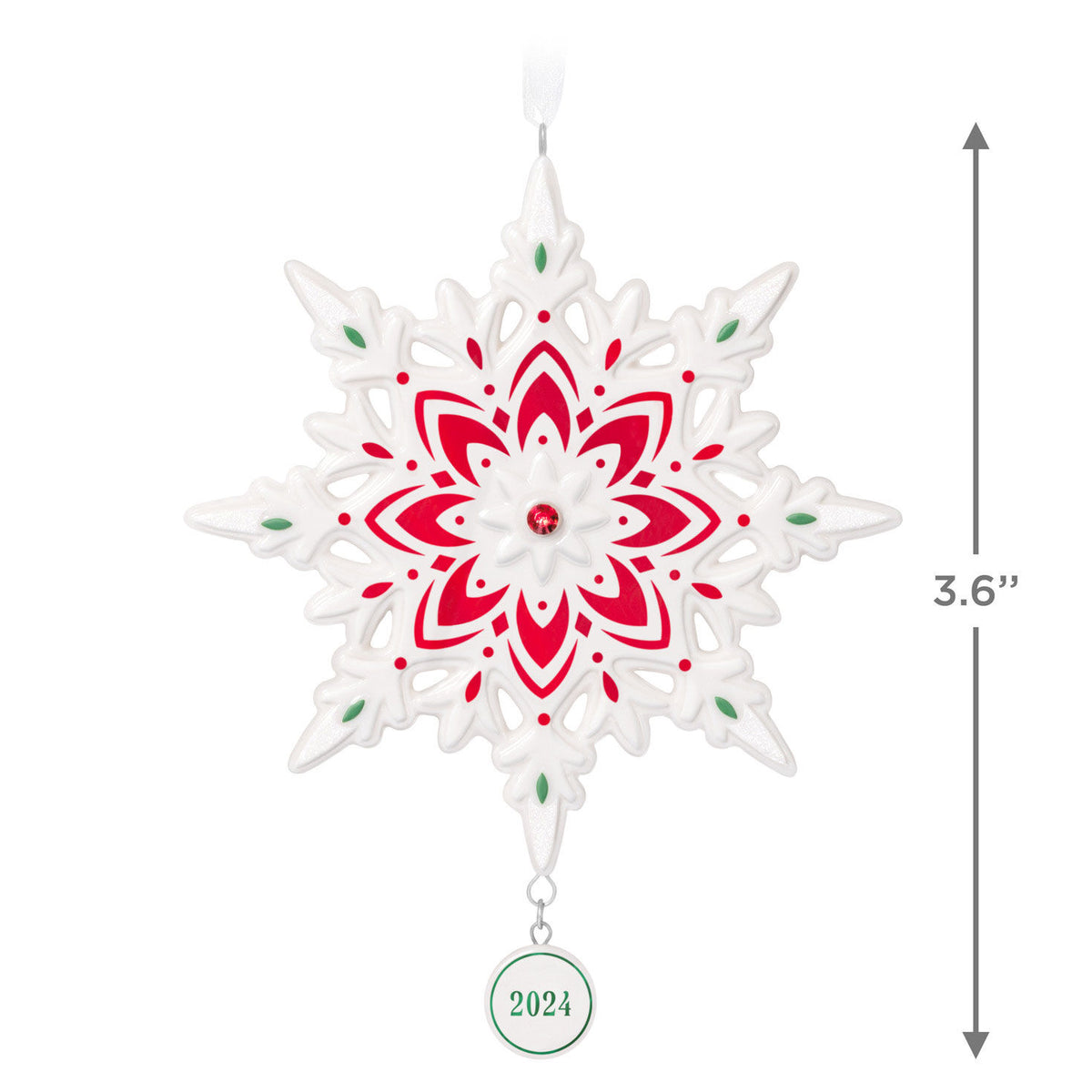 2024 Snowflake (Porcelain) — Hallmark Keepsake Christmas Ornament in white with red and green accents, featuring a gemstone detail.