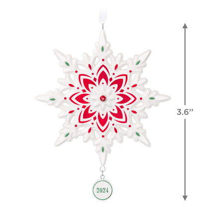2024 Snowflake (Porcelain) — Hallmark Keepsake Christmas Ornament in white with red and green accents, featuring a gemstone detail.