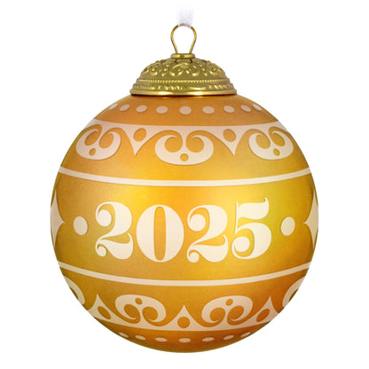 Christmas Commemorative, 13th in the Series — 2025 Hallmark Keepsake Christmas Ornament, yellow glass ball with frosted design, close up view.