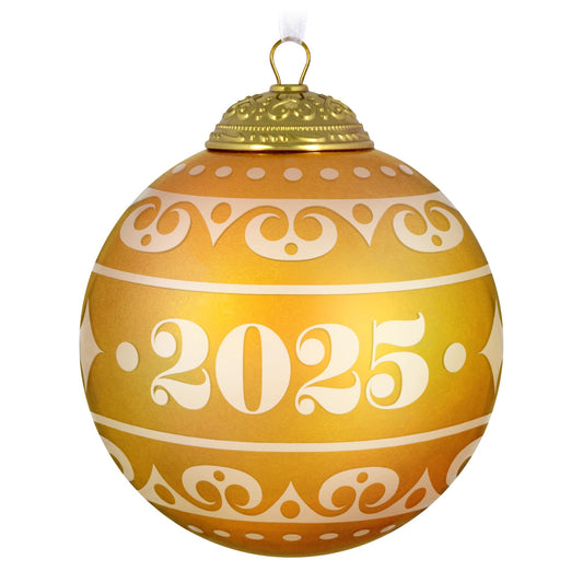 Christmas Commemorative, 13th in the Series — 2025 Hallmark Keepsake Christmas Ornament, yellow glass ball with frosted design, close up view.