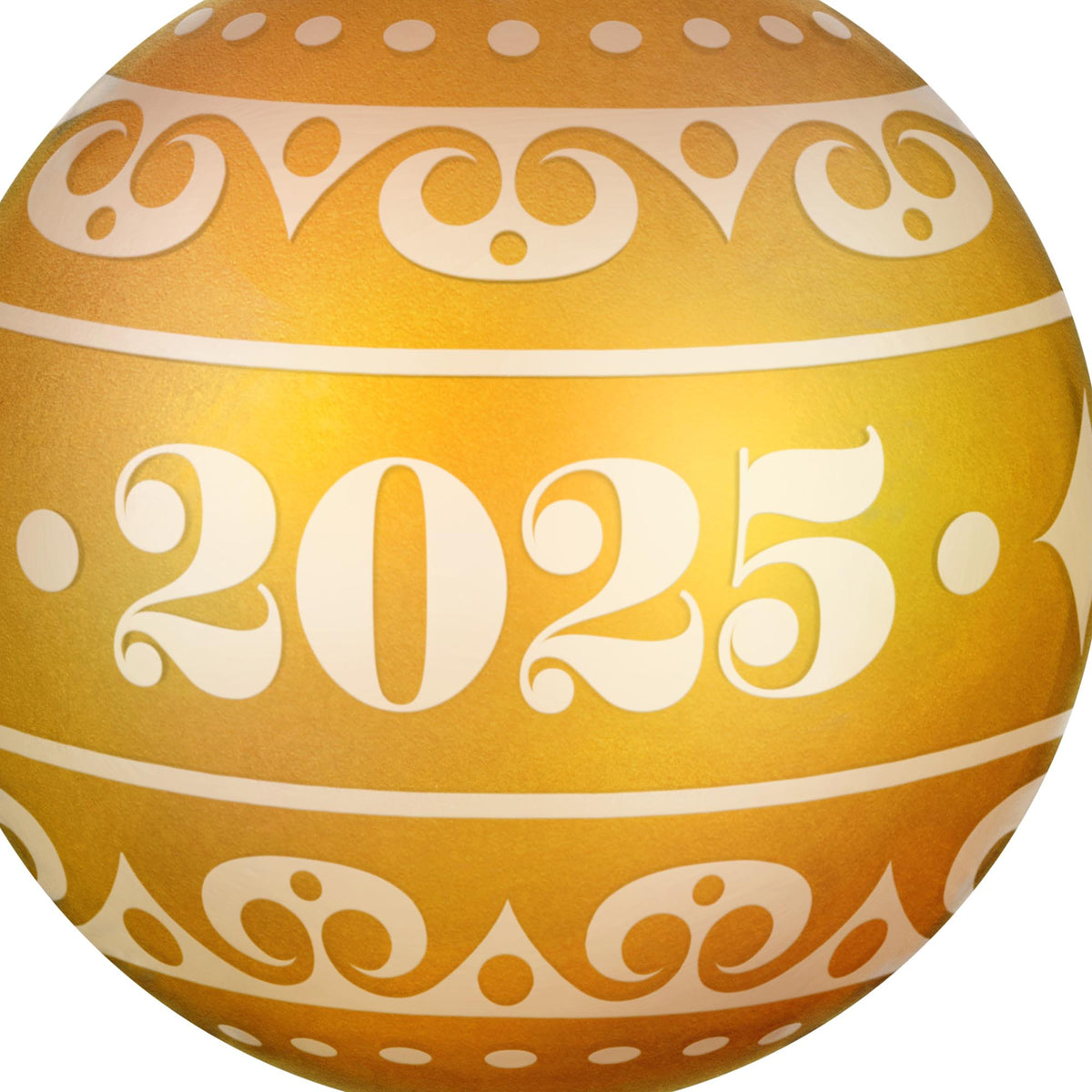 Christmas Commemorative, 13th in the Series — 2025 Hallmark Keepsake Christmas Ornament, warm yellow glass ball with frosted date detail, close up view.