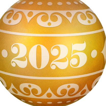 Christmas Commemorative, 13th in the Series — 2025 Hallmark Keepsake Christmas Ornament, warm yellow glass ball with frosted date detail, close up view.