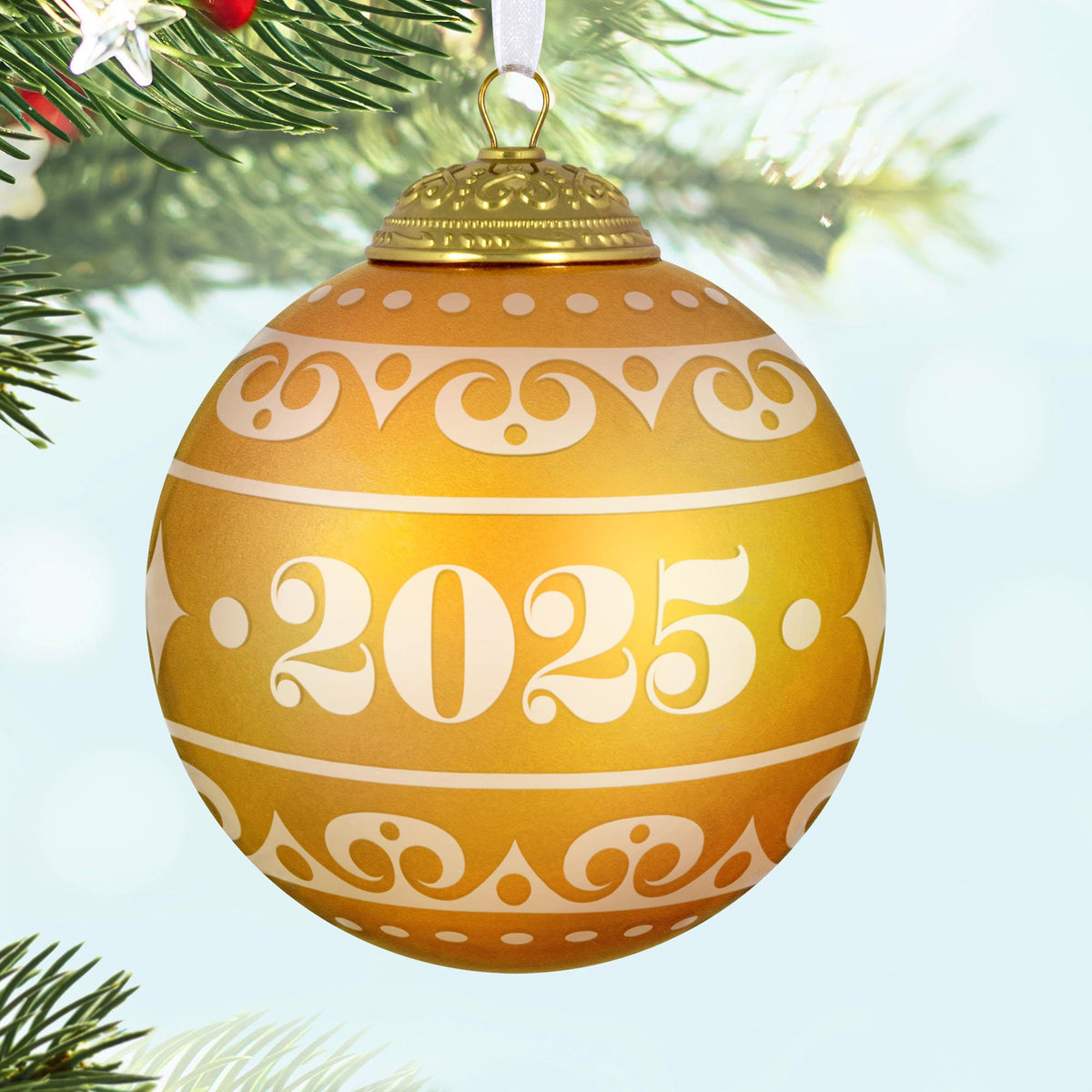 Christmas Commemorative, 13th in the Series — 2025 Hallmark Keepsake Christmas Ornament, yellow glass ball with frosted design, close-up view.