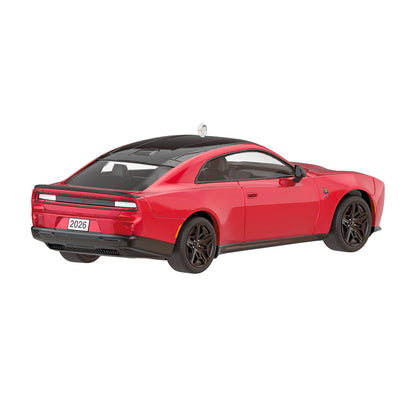 2025 Dodge Charger Daytona Scat Pack 2026, metal — 2026 Hallmark Keepsake Christmas ornament, detailed rear view, vibrant red and black design.