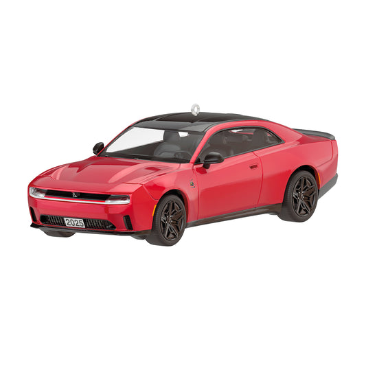 2025 Dodge Charger Daytona Scat Pack 2026, metal die-cast Christmas ornament in vibrant red with detailed black accents.