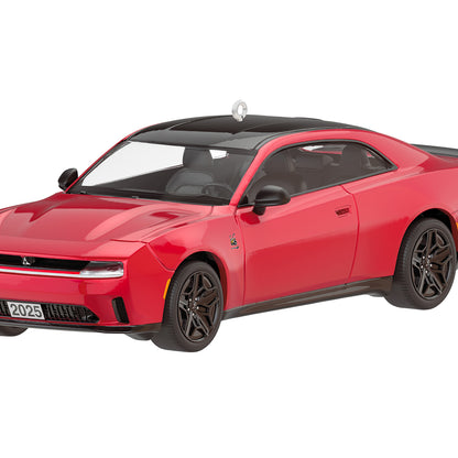 2025 Dodge Charger Daytona Scat Pack 2026, metal die-cast ornament, sleek red design with black roof, detailed craftsmanship.