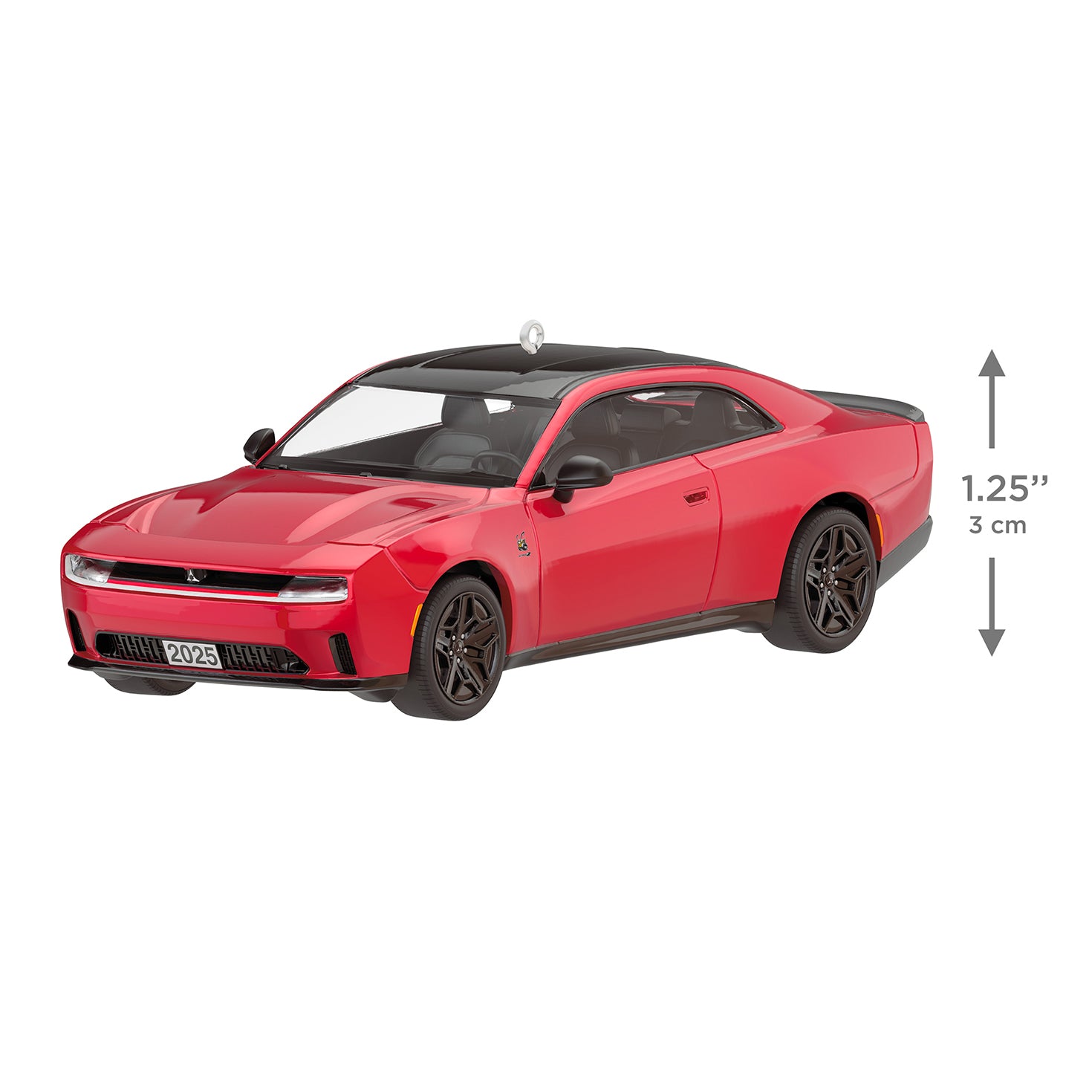 2025 Dodge Charger Daytona Scat Pack 2026, metal — 2026 Hallmark Keepsake Christmas ornament in fiery red, angled view with detailed wheels.