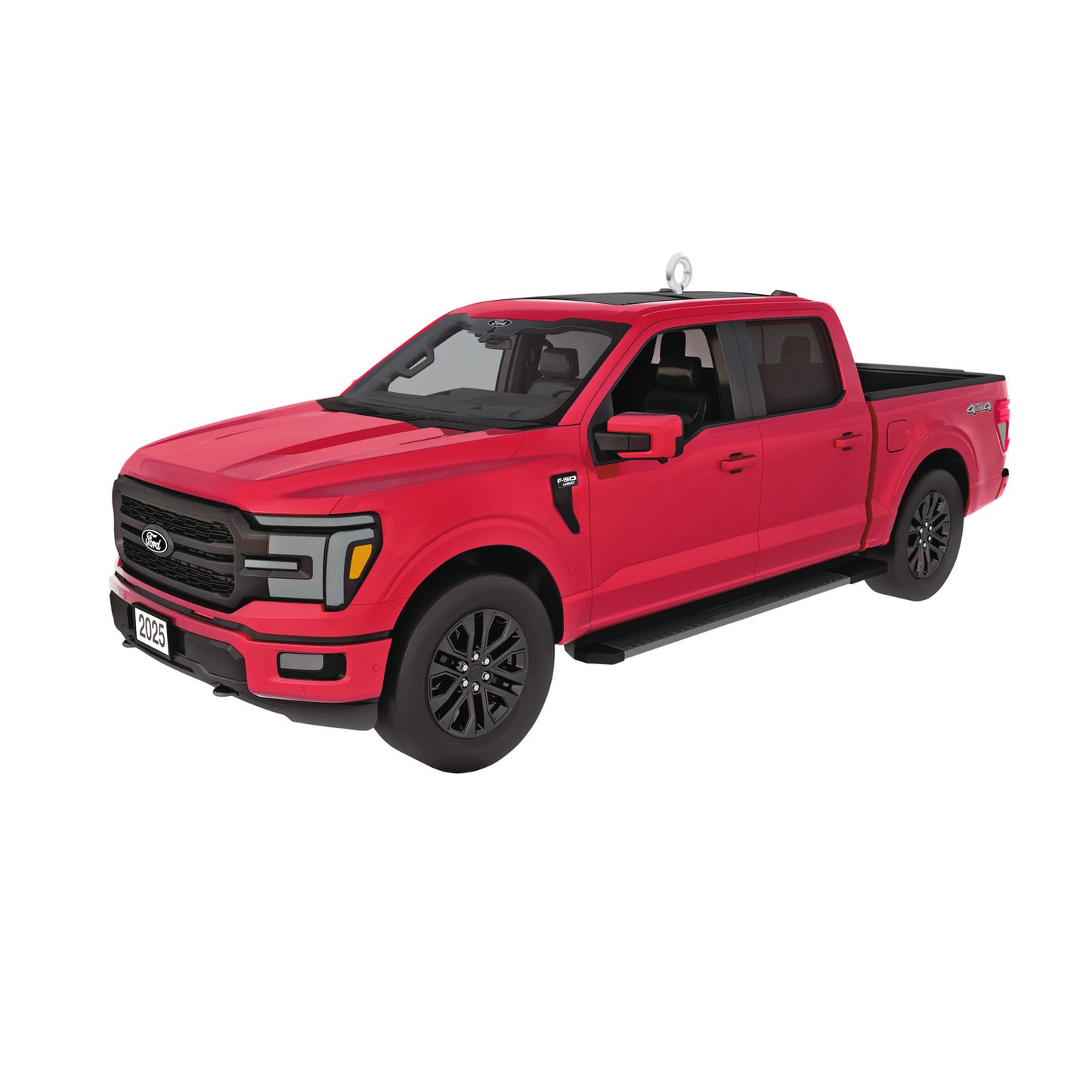 2025 Ford F-150 2026, Metal — 2026 Hallmark Keepsake Christmas Ornament in vibrant red with detailed features and rotating wheels.
